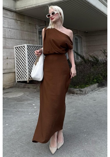 Madmext Madmext Kahverengi Düşük Omuz Elbise Mg2349 Kahverengi