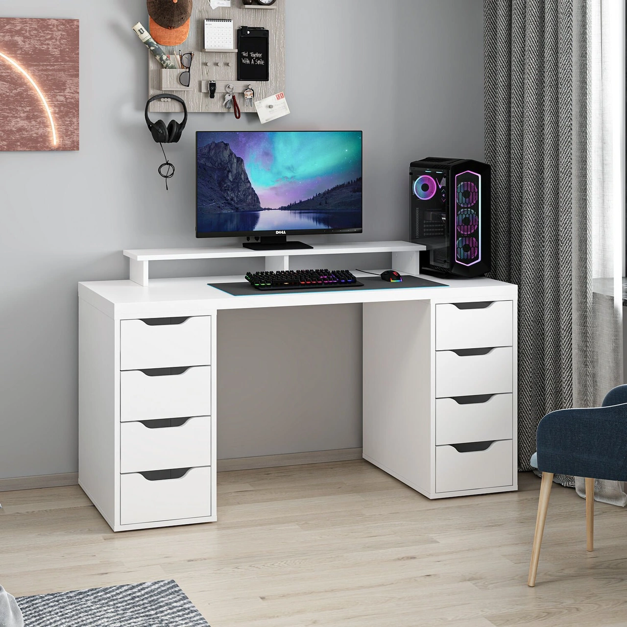 Alen 150 Cm 8 Çekmeceli Çalışma & Oyuncu Masası - Beyaz Beyaz