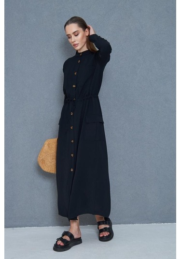 Kadın Yeni Sezon Krep Cepli Uzun Katlanabilir Kollu Büzgülü Elbise Yazlık Günlük Giyçık Siyah