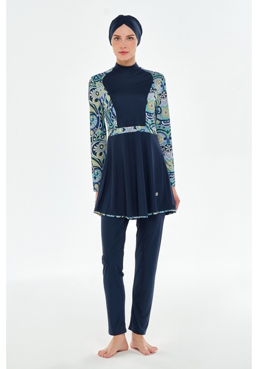 Likralı Tam Kapalı Tesettür Mayo Desen Detaylı 3118 Koyu Lacivert Koyu Lacivert