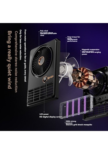 Symbee Siyah Usb 2-in-1 Mosquito Killer Fan: Duvar/desktop Montajlı, 5 Hızlı Fan, Led Ekranlı, 2000v Moskito Öldürücü Işık