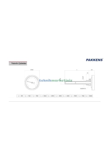 63 MM 500 C Derece 25 Cm Dalma Boylu Fırın Termometresi Pakkens