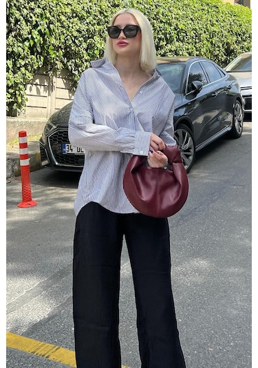 Madmext Siyah Çizgili Over Fit Gömlek Mg1525 Siyah