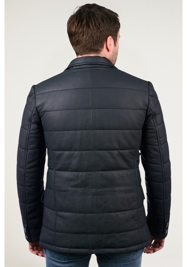 Derije Silva Hakiki Deri Erkek Tafta Lacivert Şişme Blazer Ceket Lacivert