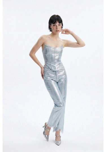 Holly Lolly Özel Yapım Parlak Kaplamalı Glossy Jean Pantolon Mavi