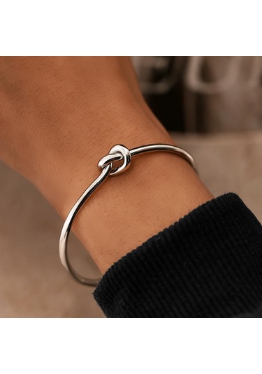 Gümüş Titanyum Paslanmaz Çelik Bilezikler Zarif Trendy Yuvarlak Dairesel Açık Düğüm Manşet Bileklik Kadınlar Takı Için