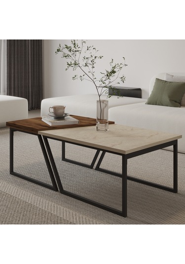 Verona İkili Orta Sehpa Modern Tasarım Metal Ayaklı Sehpa Seti Traverten/antik Ceviz