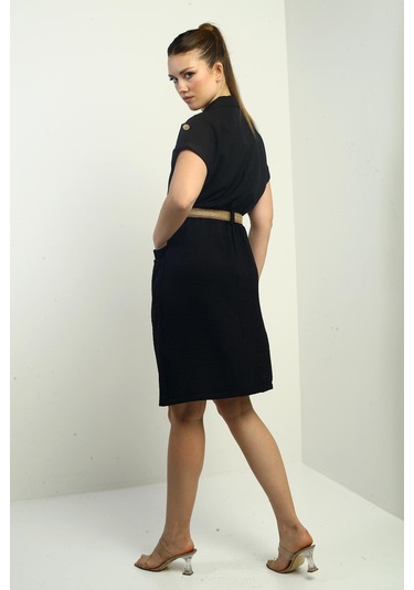 Kadın Torba Cepli Beli Kemerli Elbise-40433 Siyah