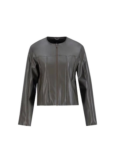 Armine Trok Biyeli Deri Ceket 24k5716 Haki Haki