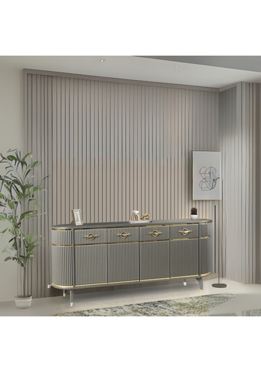 Maya Antrasit Gold Lüks Konsol 4 Kapak Oval Gövde Pramit Ayaklı 180x45x84 Cm Antrasit - Gold