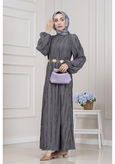 Fırfır Detaylı Rüya Elbise-gri-5470 Gri