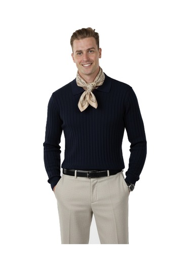 Deepsea Erkek Lacivert Polo Yaka Fitilli Triko Kazak %100 Pamuk, Esnek Dokulu, Modern Kalıp 2605305 Lacivert