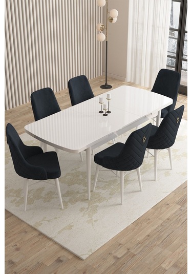 Mazaka Beyaz 80x132 Açılabilir Mdf Masa Yemek Odası Takımı, Mutfak Takımı 6 Adet Sandalye Antrasit