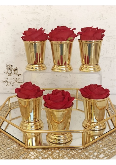 Kahve Sunum Güllü Gül Kovası 6 Adet Kırmızı