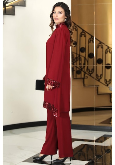 Umay Şifon Tunik Pantolon İkili Tesettür Takım Bordo Bordo