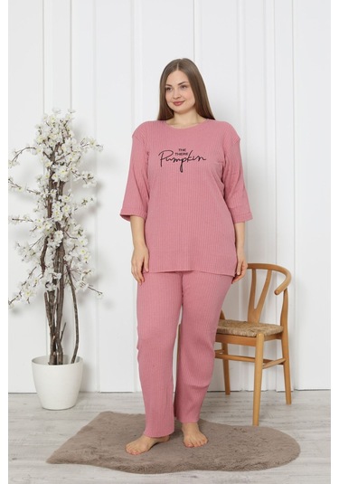 Fames Pijama Fitilli Kaşkorse Pamuklu Ispanyol Paça Yeni Sezon Büyük Beden Ev Giyim Pudra