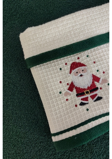 2'li Noel Baba Nakışlı Mutfak Havlusu-%100 Pamuk Yılbaşı Hediyesi Koyuyesıl Koyu Yeşil
