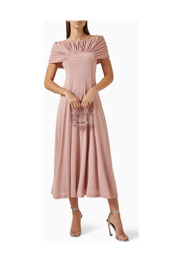 Eegen Studio Rahat Fitli Marrgot Örgü Midi Elbise - Off Shoulder, Şık Ve Çok Yönlü Tasarım Pembe
