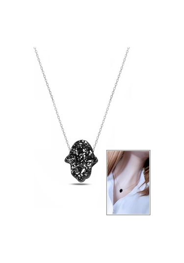 Siyah Pırıltılı Reçine Taşlı El Yapımı Fatma Eli Kolye 925 Ayar Gümüş Rodyum Kaplama Gümüş - Rodyum