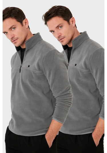 Buratti Slim Fit Anti-Pilling Tüylenme Yapmayan Bato Yaka Şardonlu 2'Li Paket Erkek Polar 5906001S2 Gri-Gri