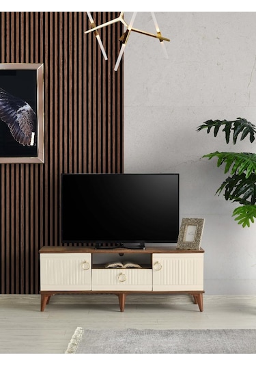 110 CM MDF MEBRAN KAPAK TV SEHPASI BAROK CEVİZ - KREM