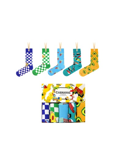 Damalı Ve Renkli 5'li Fast Food Tasarım Çorap Kutusu Beyaz - Mavi-turuncu-yeşil