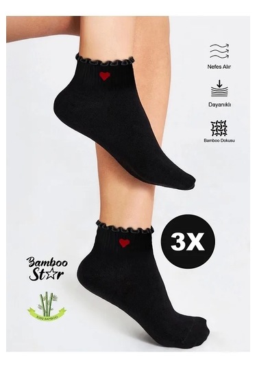 Bambu Kadın Fırfırlı Patik Lastiksiz Dikişsiz Çorap 3lü Paket