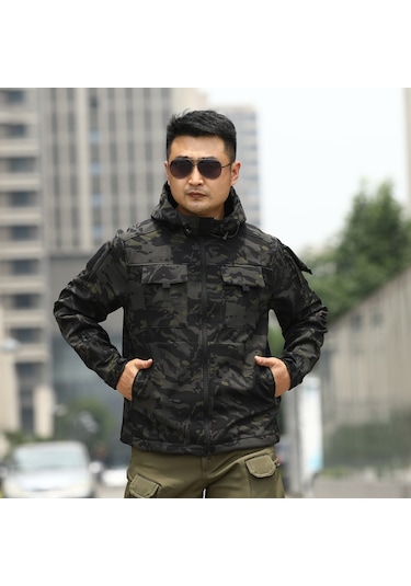 Erkek Hakiki Deri Yumuşak Kabuklu Ceket Kamuflaj Siyahı