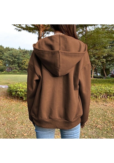 Bej Kazak Hoodie Büyük Boy Kapşonlu Hırka Tişörtü Gri Kadın Giyim Katı Fermuarlı Kapüşonlular Sonbahar Kadın Uzun Kollu Tops Bej