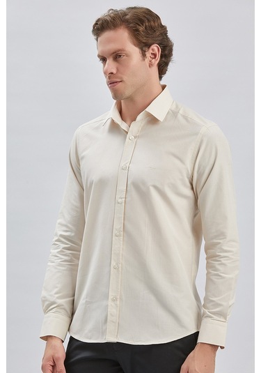 Erkek Uzun Kollu Bez Ayağı Sert Yaka Cepsiz Klasik Slim Fit Dar Kesim Gömlek 1004240230-bej Bej