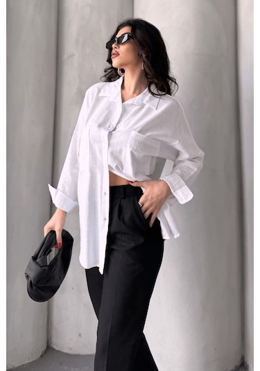 Paw Garage Kadın Harper Çift Cepli Oversize Keten Gömlek, 2025 Summer Collection Beyaz