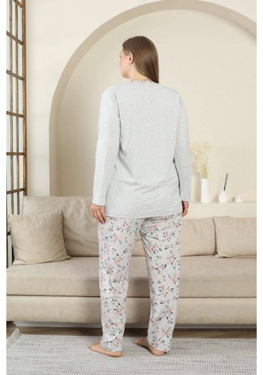 Alimer Kadın Büyük Beden Gri Çiçek Desen 3 Düğmeli Mevsimlik Uzun Kol Pijama Takımı Gri