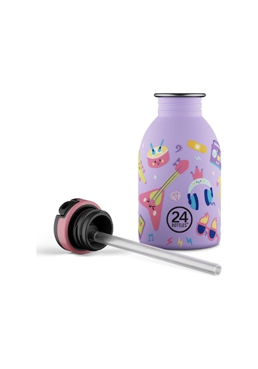 Kids Bottle Music Friends Pipetli Paslanmaz Çelik Çocuk Su Matarası 250 Ml Mor