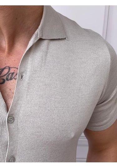 Modefendi Slim Fit Polo Yaka Triko Pamuklu Kısa Kollu Gömlek Gümüş