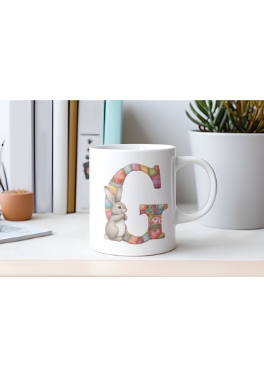 G Harfli Tavşan Kupa - Patchwork / Yamalı Desenli İsme Özel Kupa - Pastel Vintage Tarz Hediyelik Beyaz