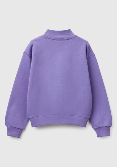 Kız Çocuk Mor Simli Benetton Logo İşlemeli Fermuarlı Sweatshirt Mor