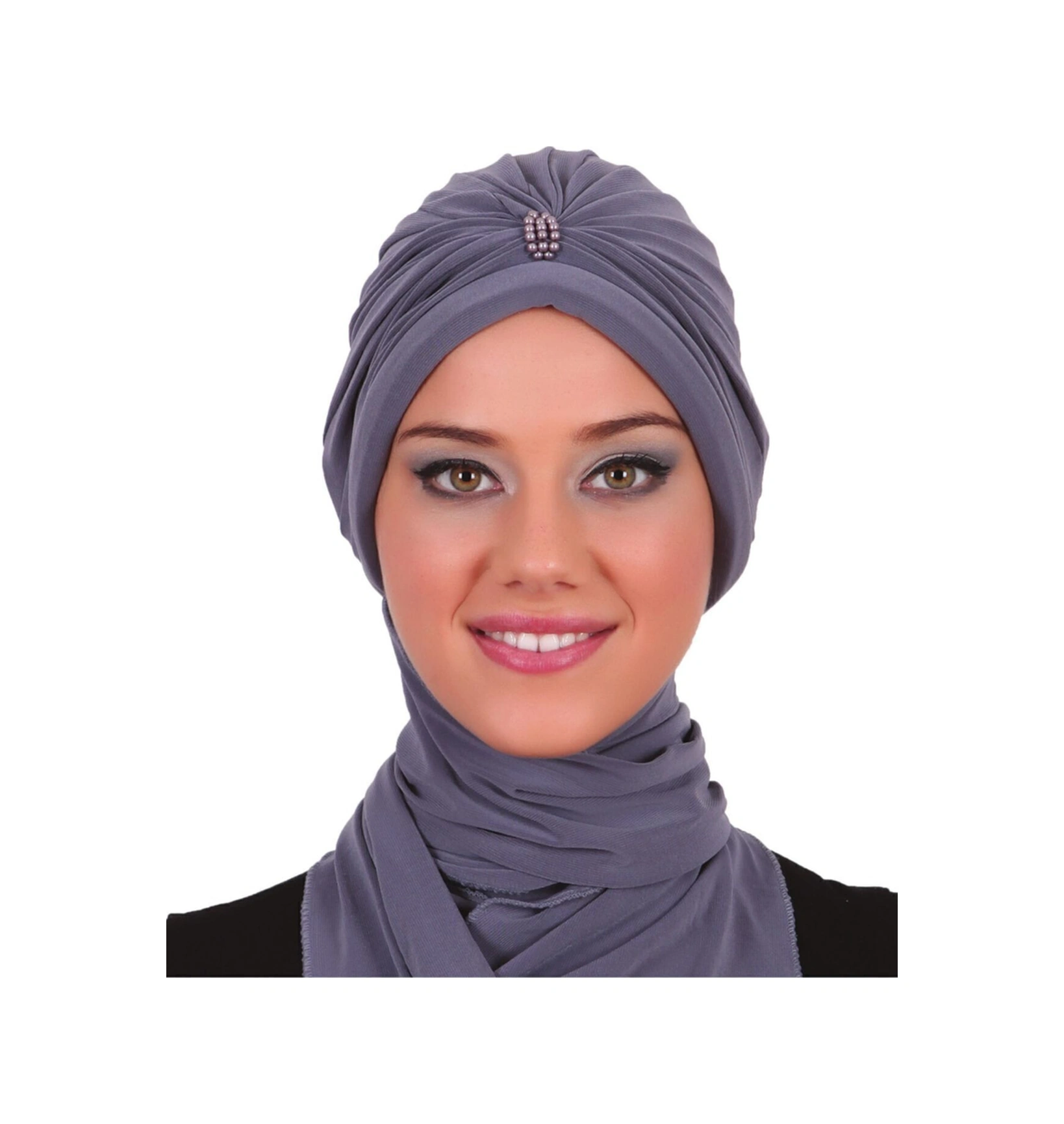 Incili Atkılı El Işi Inci Işlemeli Koyu Gri Hazır Türban Tesettür Bone Koyu Gri
