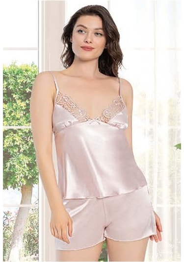Alissa 8650 Kadın Çeyizlik Dantelli Saten 6'lı Set -pudra Pudra