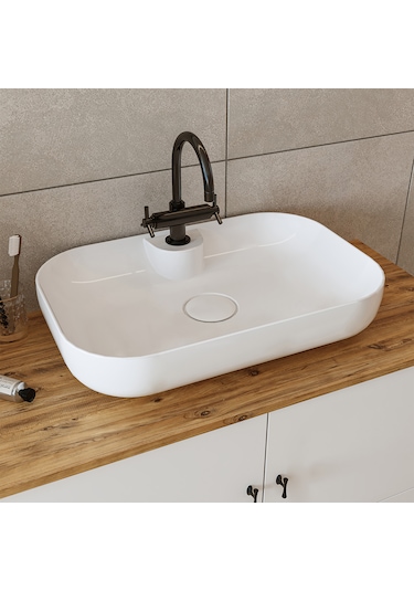 Oval Lavabolu Mdf 80 Cm Çekmeceli Banyo Dolabı Atlantik Çam - Beyaz