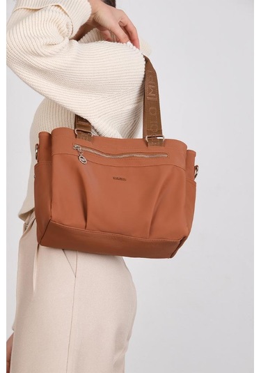 Kadın Omuz Çantası Saten Kumaş 35 25 Cm Çapraz Askılı Postacı Çanta Mega Bag Vegan Deri Kol Çantası Taba