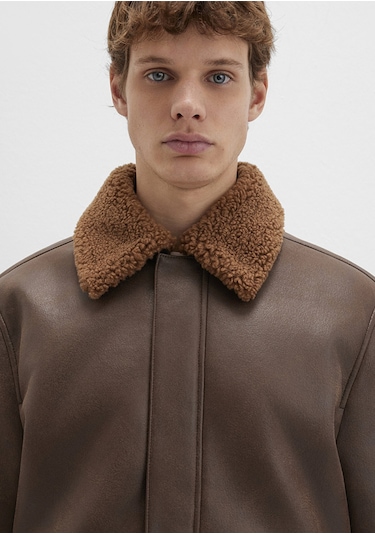 Mavi - Kahverengi Suni Kürk Detaylı Suni Deri Ceket 0110669-70240 Kahverengi