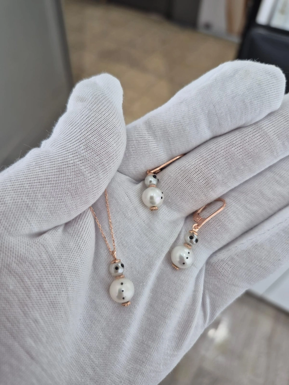 925 Ayar Papatya Silver Kardan Adam Kolye Küpe Set.inci Kardan Adam Set.rose.gold.rodaj Gümüş