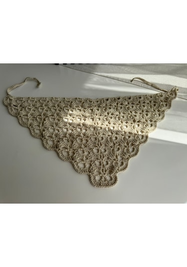 Kadın El Örgüsü Üçgen Saç Bandana / Bel Aksesuarı Bej