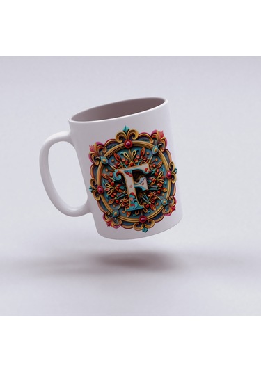 F Harfi Boho Bardak, Renkli Özel Tasarım Hediyelik Harfli Kupa, 330ml Porselen Beyaz