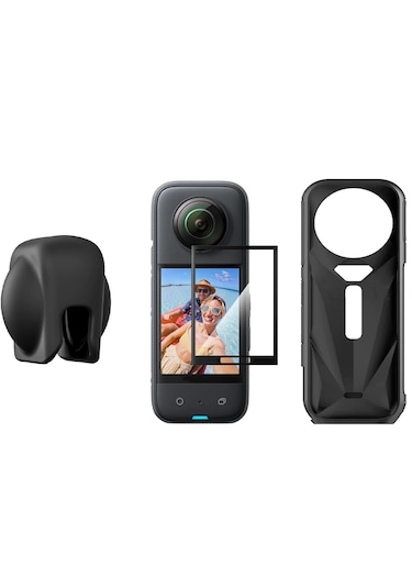 Insta360 X5 Aksesuar Seti - Silikon Kılıf + Lens Cap + Ekran Koru Siyah