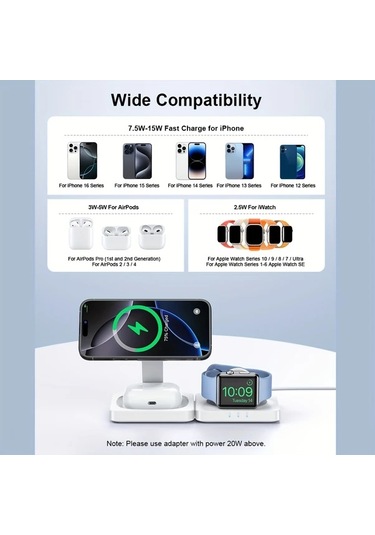 Topshop1 2 Adet Beyaz 3ü 1 Arada Fonksiyonlu Katlanabilir Kablosuz Şarj Cihazı İphone İwatch Uyumlu Hızlı Şarj Tabanı Taşınabilir Şarj Aleti