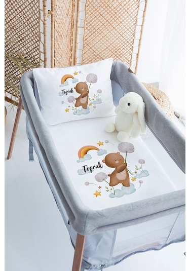 Lilabio %100 Pamuk Saten İsme Özel İsimli 70x120 Park Yatak Nevresim Seti Ayıcık-