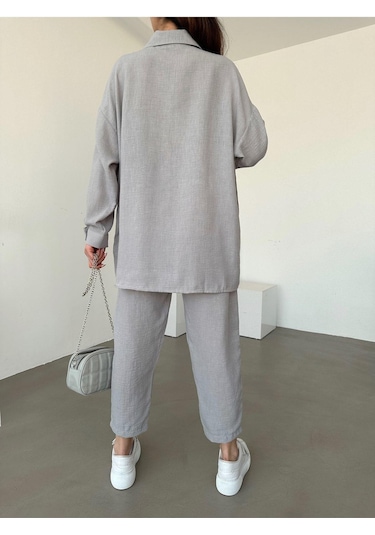 Kadın Oversize Keten Gömlek Pantolon Alt Üst Takım Gri