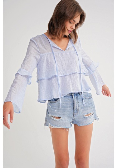 4735 Kadın Uzun Kollu Fırfırlı Bağlamalı Bluz Bebe Mavi Bebe Mavi