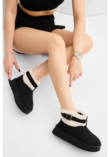 Kalın Poli Taban Kürk Detaylı Süet Görünümlü Kadın Siyah Günlük Bot Tbldy540 Siyah
